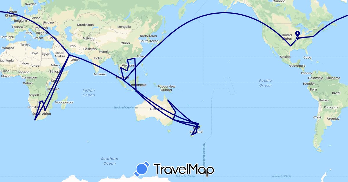 TravelMap itinerary: driving in Australia, Botswana, China, Indonesia, Japan, Malaysia, New Zealand, Qatar, Singapore, Thailand, United States, Vietnam, South Africa, Zambia (Africa, Asia, North America, Oceania)